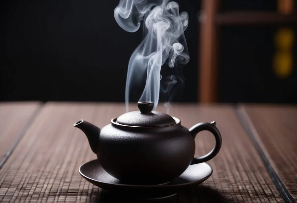 Steaming brown ceramic teapot used for brewing Pu Erh tea in an article on tea mistakes