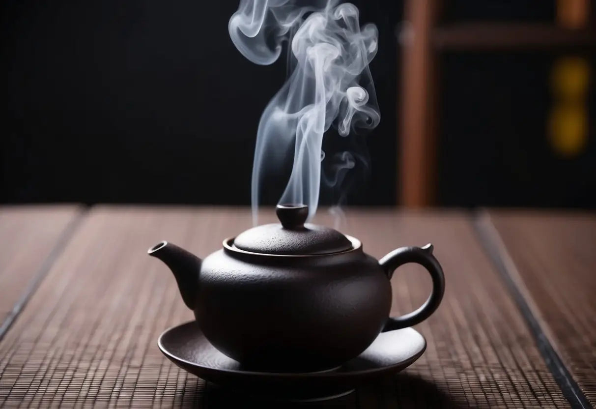 Steaming brown ceramic teapot used for brewing Pu Erh tea in an article on tea mistakes