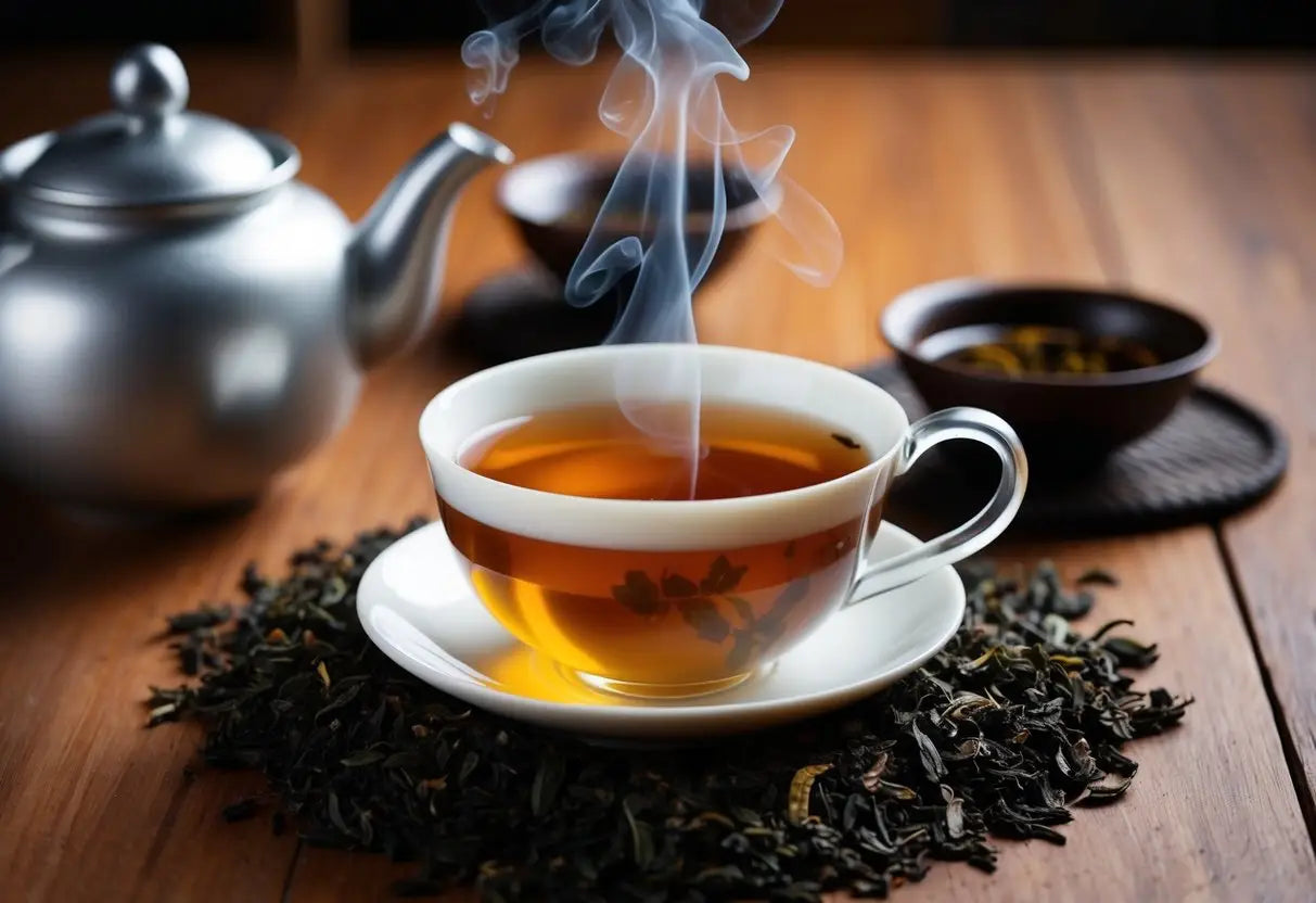 Steaming cup of Pu Erh tea on a wooden table in an article about common Pu Erh tea questions