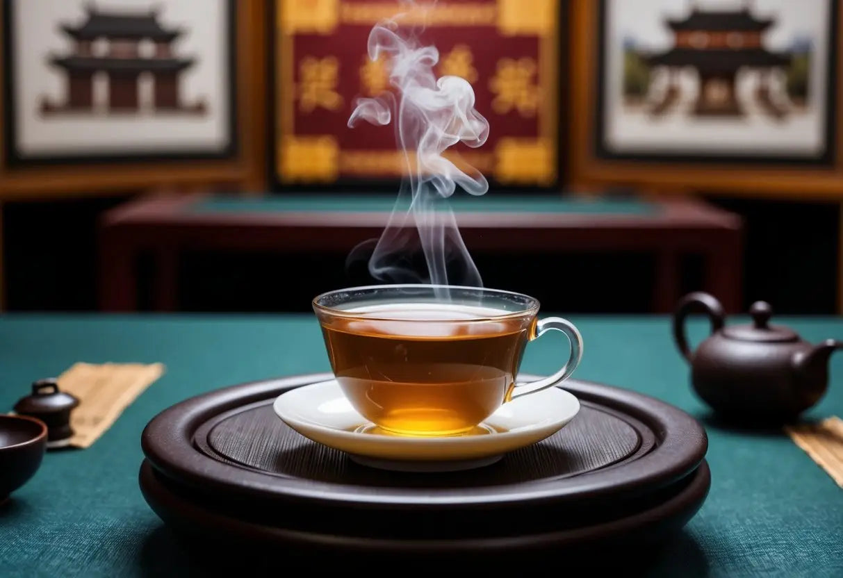 Steaming cup of Pu Erh Tea in a traditional setting for tea enthusiasts