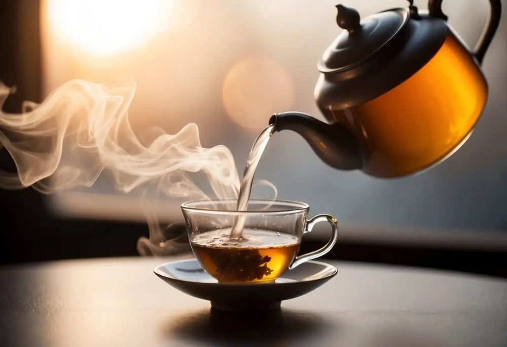 Tea being poured into a glass cup for aging Pu Erh tea tasting exploration