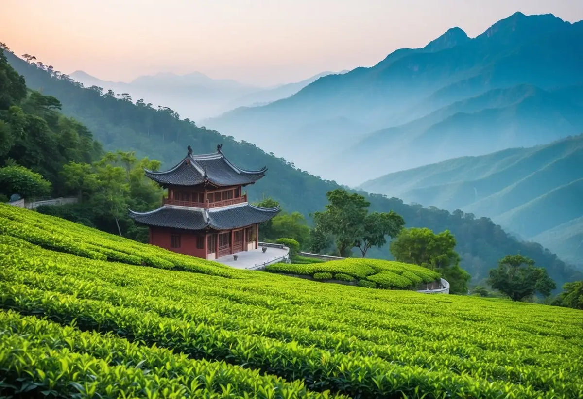 Asian pagoda situated on lush Pu Erh tea plantation during daylight