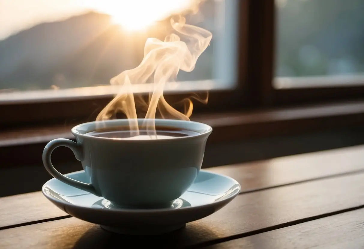 Steaming cup of Coffee in front of a wooden table for morning health boost