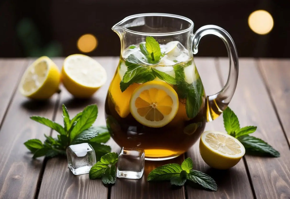 Refreshing iced tea pitcher with Pu Erh tea served in a bright kitchen