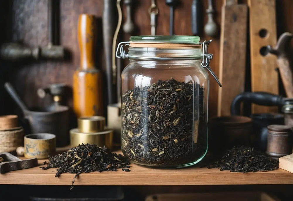 Glass jar filled with loose Pu Erh tea leaves for home aging in Tea Storage Guide