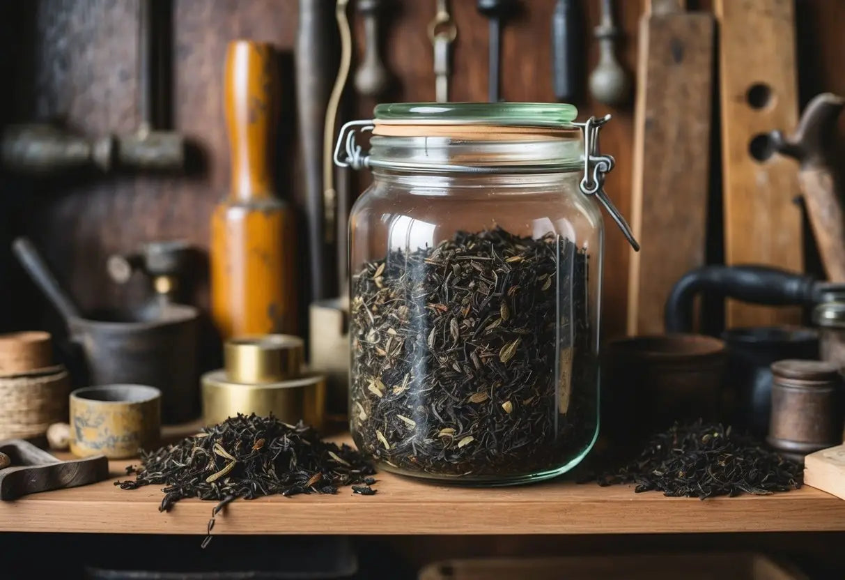 Glass jar filled with loose Pu Erh tea leaves for home aging in Tea Storage Guide