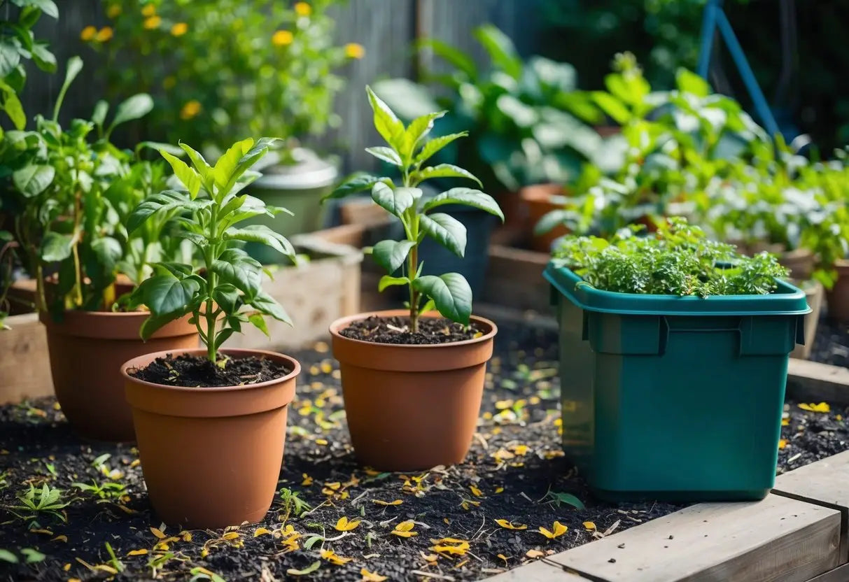 Potted garden plants benefiting from leftover Pu Erh tea leaves for natural fertilization