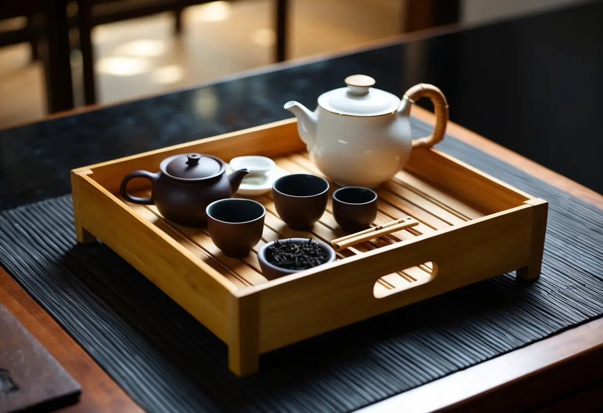 Tea set on a wooden tray for brewing Pu Erh Tea in a cozy setting