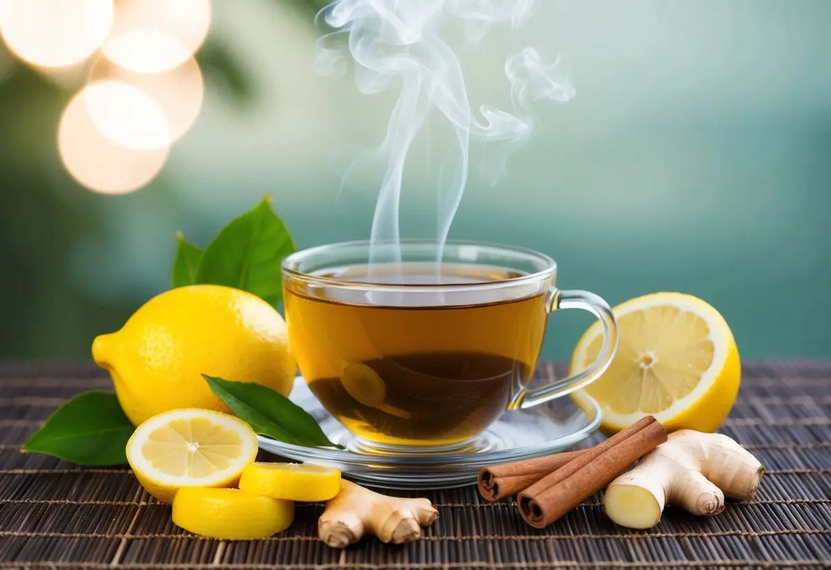 Steaming cup of tea with lemon, ginger and cinnamon