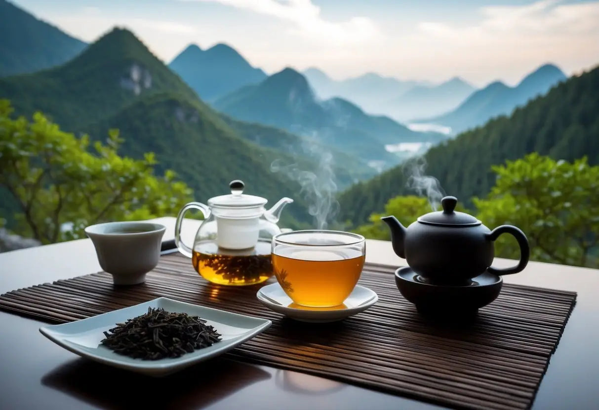 Tea service with mountain backdrop against a scenic landscape for Pu Erh tea article