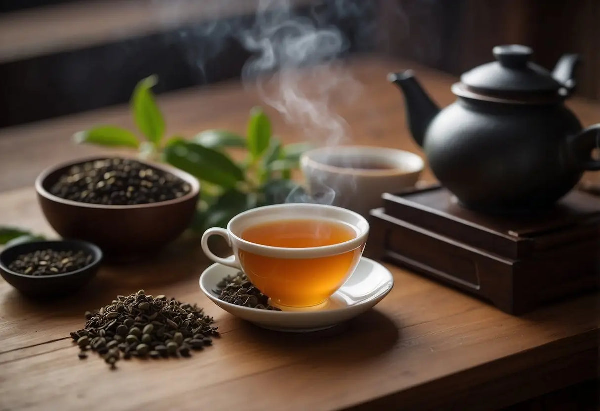 Steaming cup of pu-erh tea on a wooden table