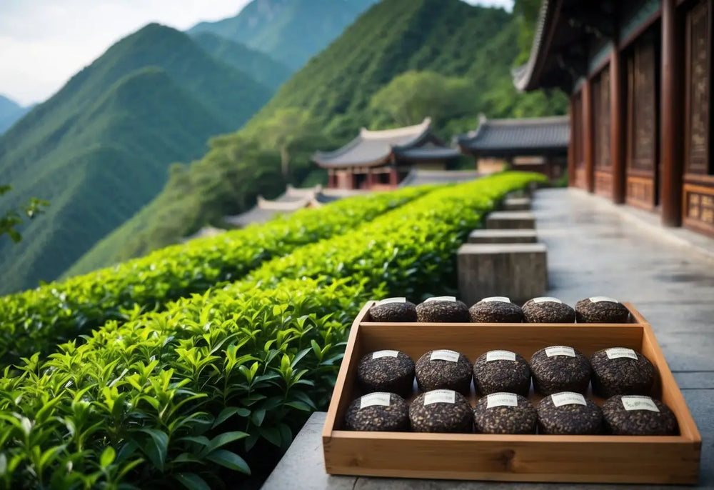 Two-tiered wooden display of dark round Pu Erh tea cakes in an article about Pu Erh tea grades