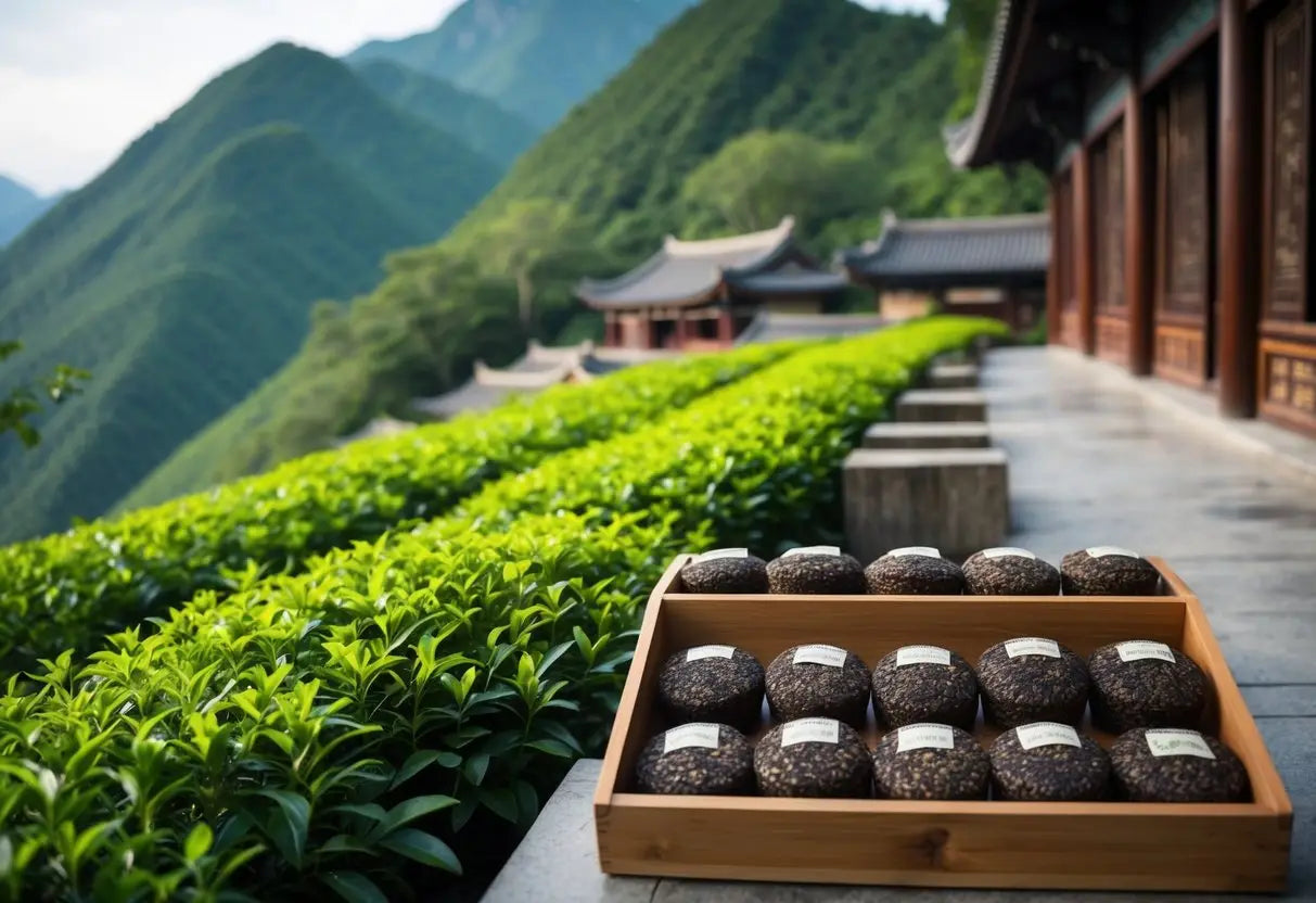 Two-tiered wooden display of dark round Pu Erh tea cakes in an article about Pu Erh tea grades