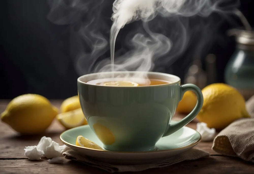 Steaming cup of Lemon Tea on a wooden table for cold relief in Best Tea for Colds article