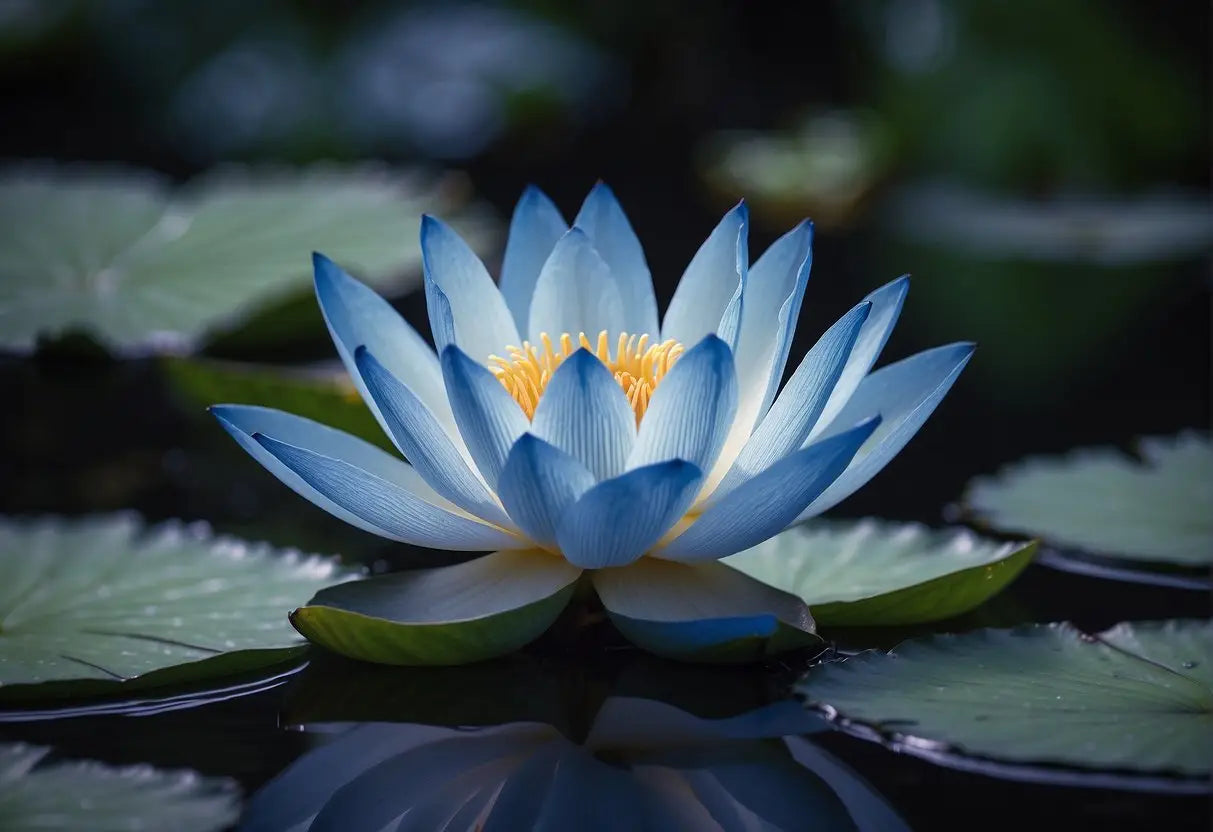 Blue water lily with a yellow center in a serene pond, featured in the Blue Lotus Flower article
