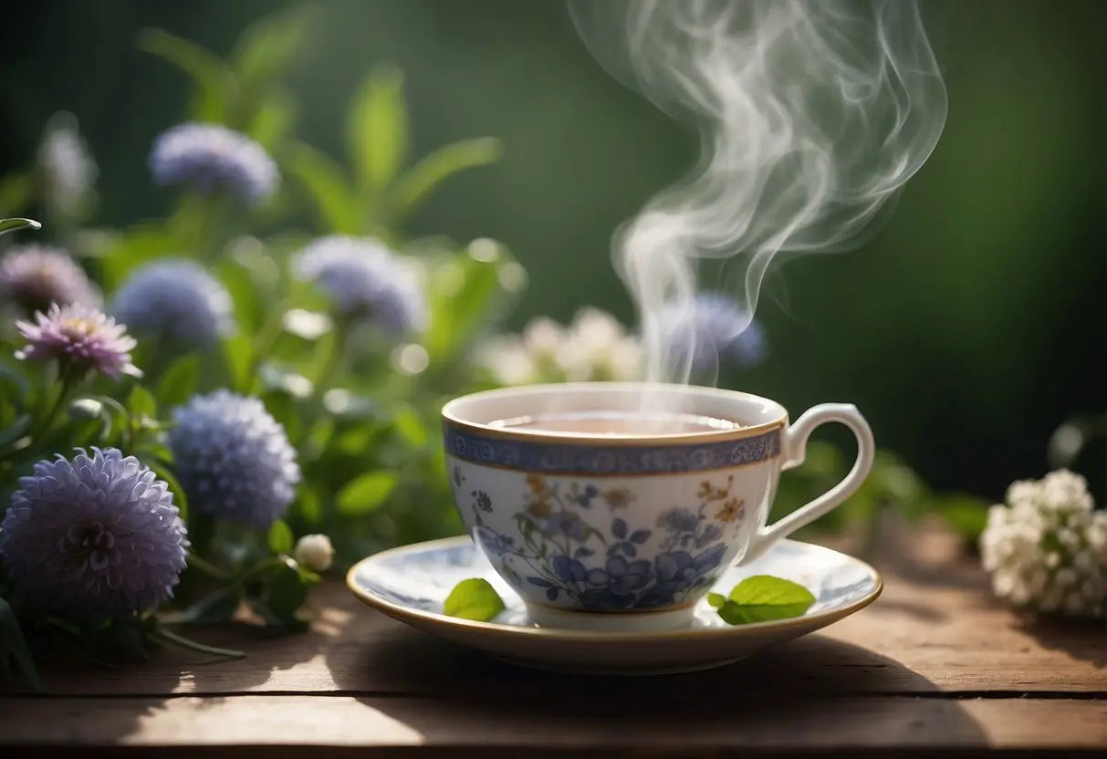 Steaming floral teacup topping with fragrant tea for calming relaxation