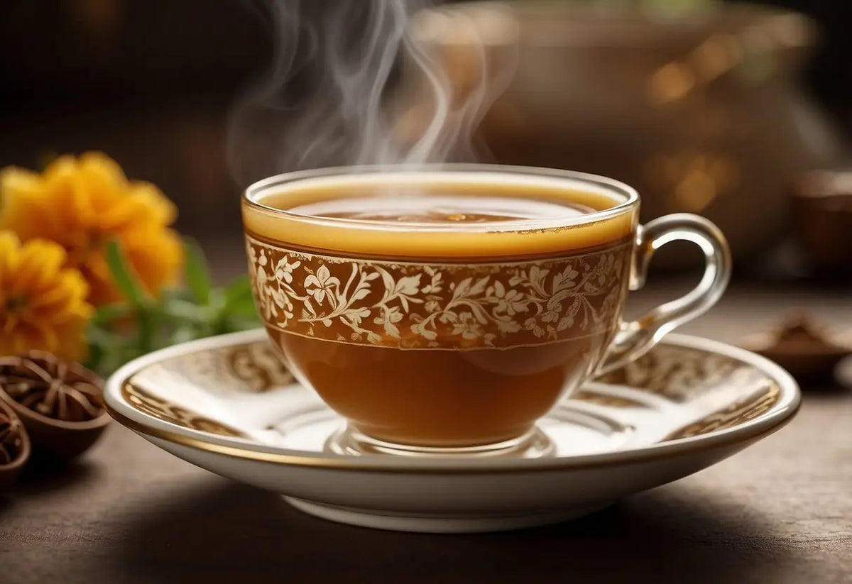 Steaming cup of ornate caramel tea in a decorative cup for Caramel Tea article