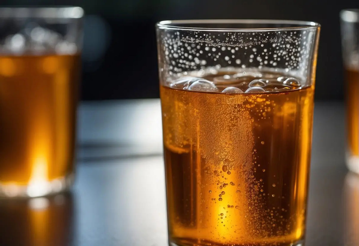 Refreshing amber carbonated tea beverage served in a glass for a Carbonated Tea article