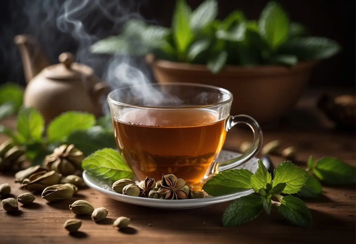 Steaming herbal tea in a clear glass cup for Cardamom Tea Benefits article
