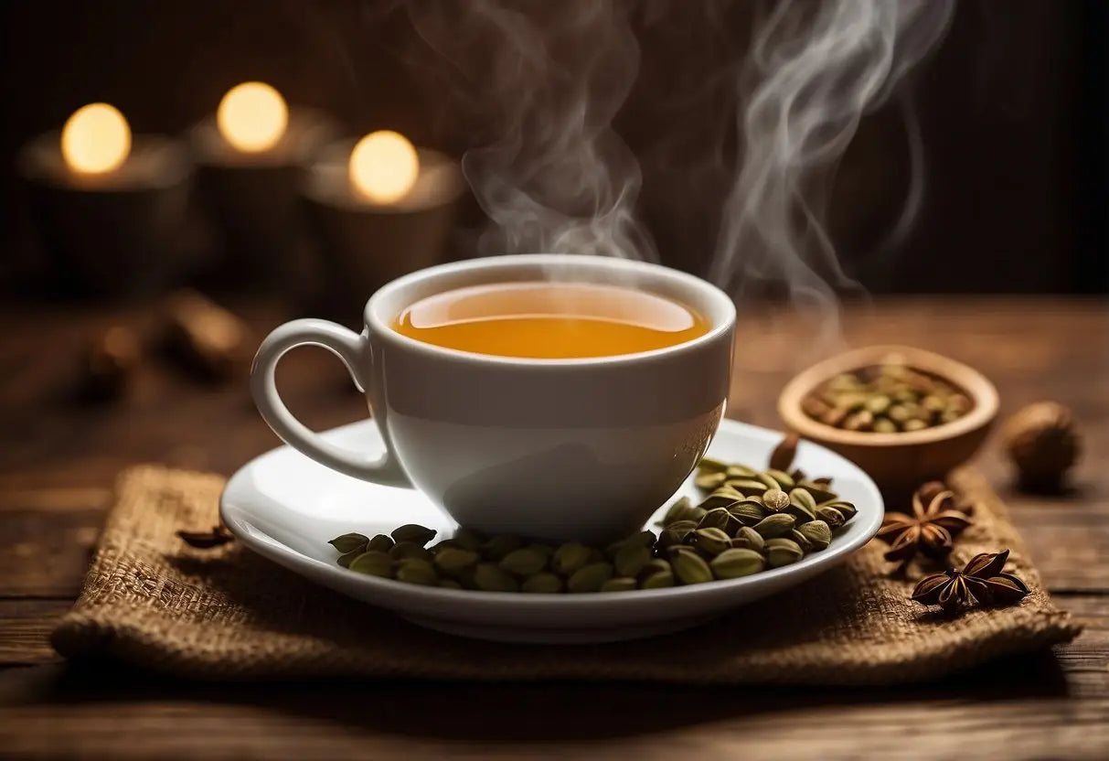 Steaming cup of Cardamom Tea in a cozy setting for article about Cardamom Tea