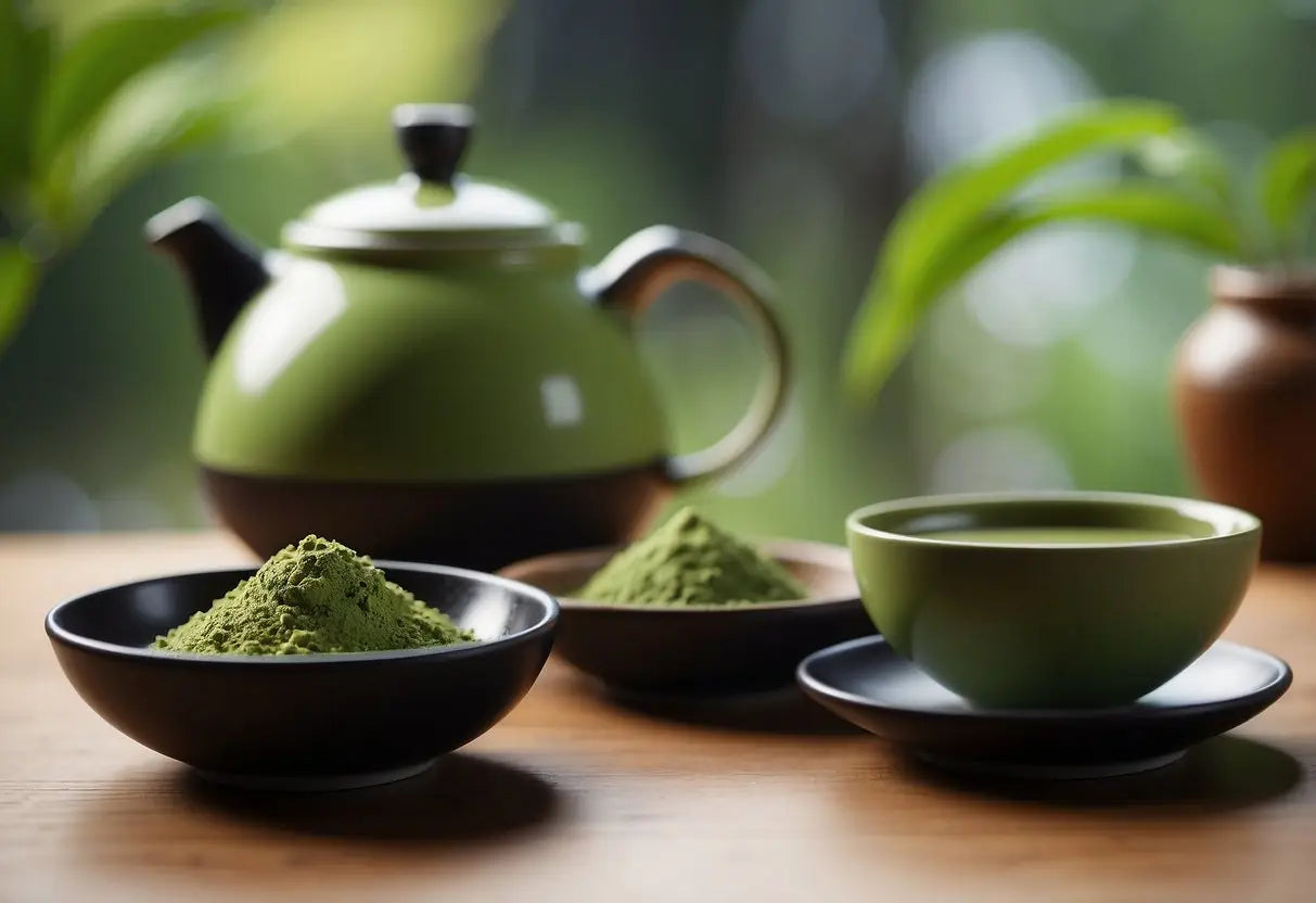 Green tea set with teapot and cups displayed for Difference Between Matcha and Green Tea article