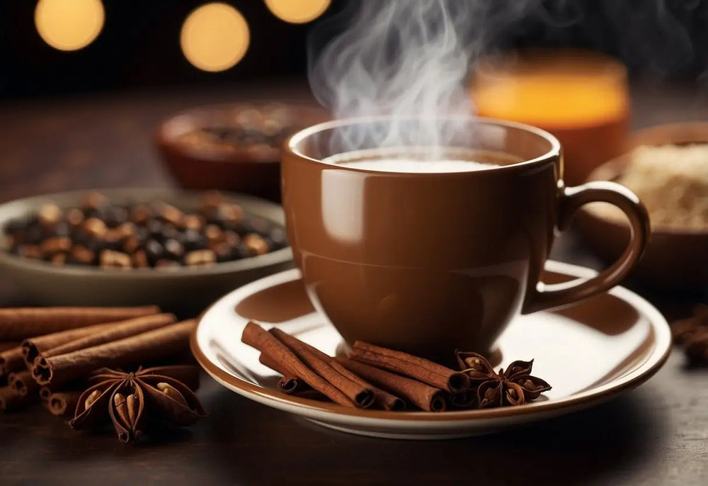 Steaming brown mug with spices for Chai Tea caffeine article