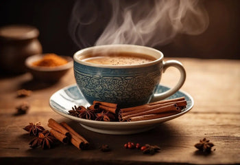 Steaming cup of chai with spices in an article about does chai tea make you poop