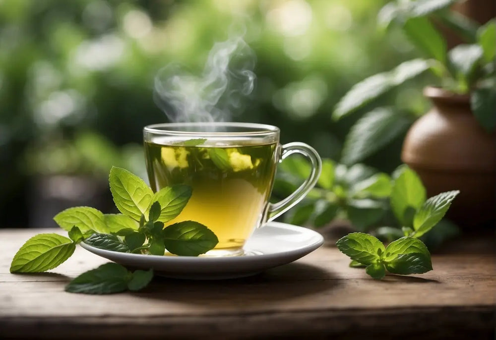 Steaming cup of Mint Tea promoting digestion in an article about green tea and bloating