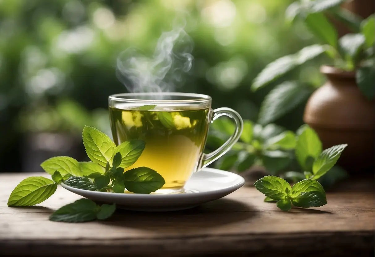 Steaming cup of Mint Tea promoting digestion in an article about green tea and bloating