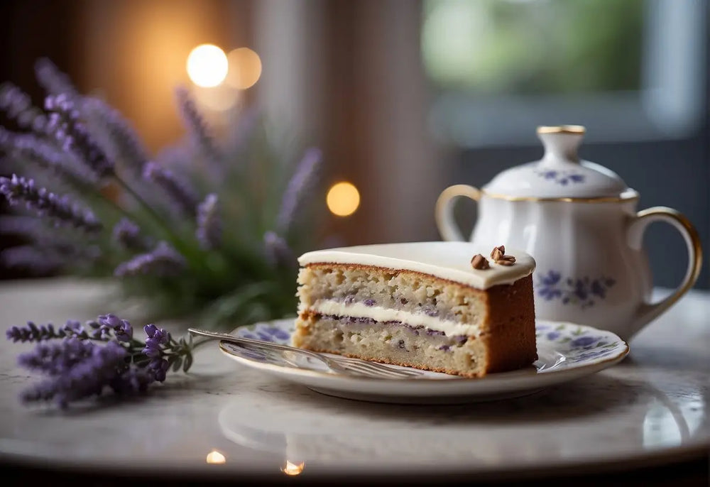 Lavender cake slice on a plate, showcasing its delicate floral flavor for Earl Grey Lavender Cake article