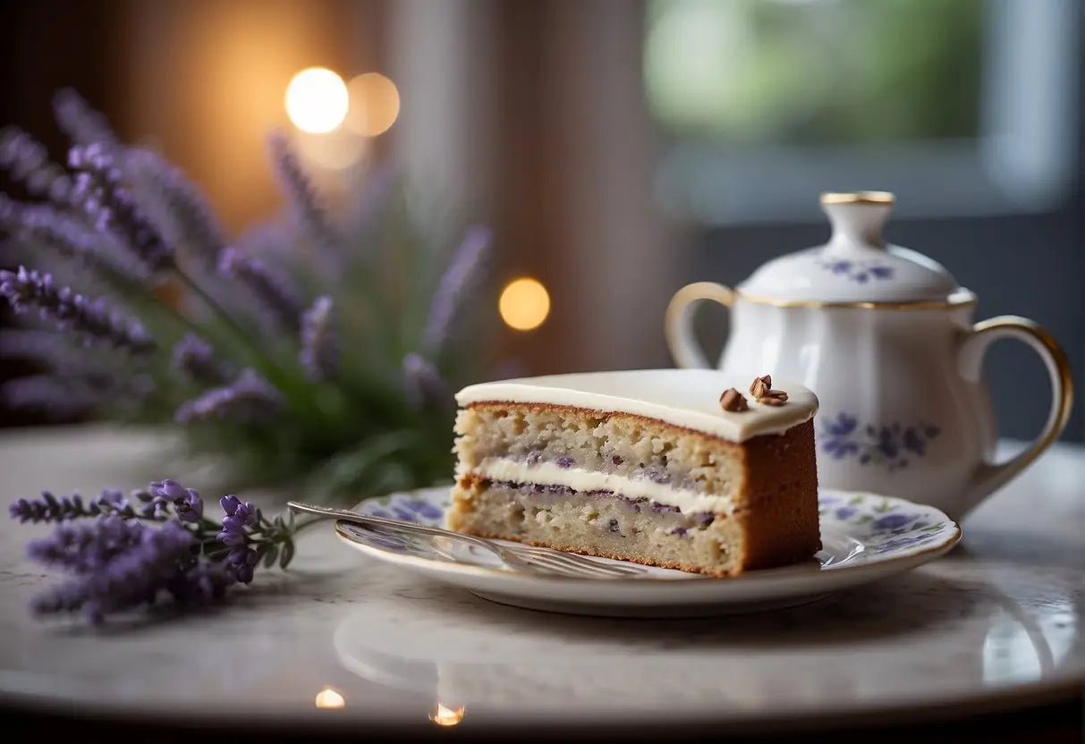 Lavender cake slice on a plate, showcasing its delicate floral flavor for Earl Grey Lavender Cake article