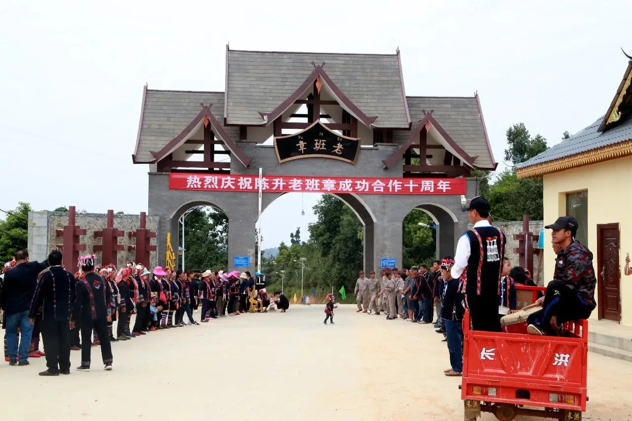 Ornate ceremonial gate at Lao Ban Zhang base in Chen Sheng Hao tea village