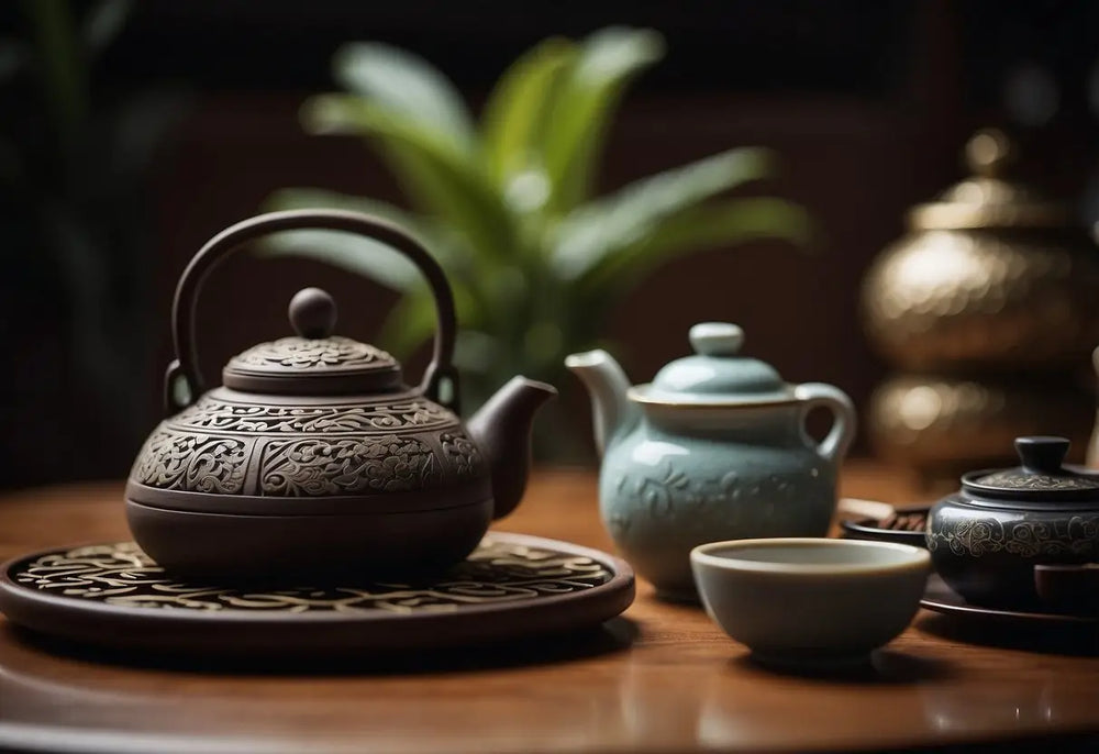 Ornate brown teapot used for brewing Pu Erh Tea in traditional Chinese culture