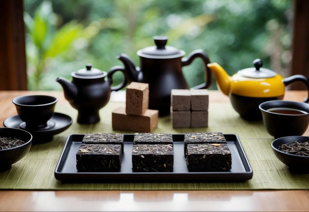 Tea service with pressed Pu Erh tea bricks displayed for tasting and brewing