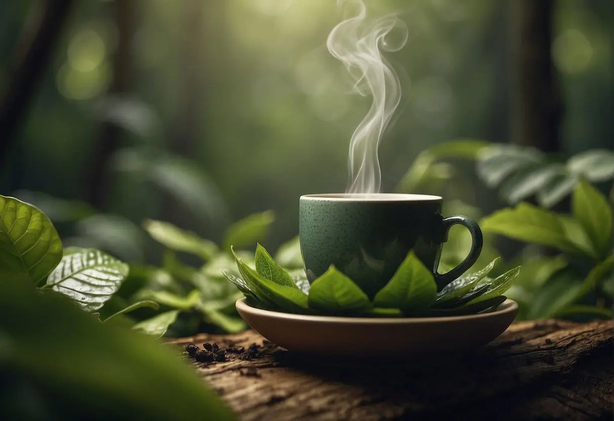 Steaming green cup on leaf-adorned saucer in Guayusa Benefits article