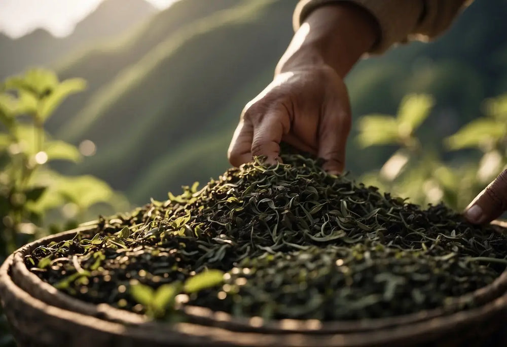 Basket of freshly picked Tea Leaves for Pu Erh Tea production