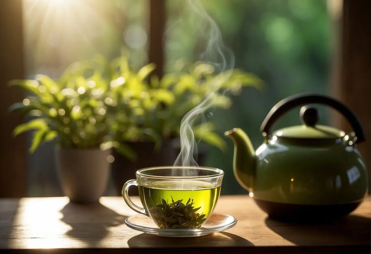 Steaming cup of green tea in a cozy setting for health and freshness tips
