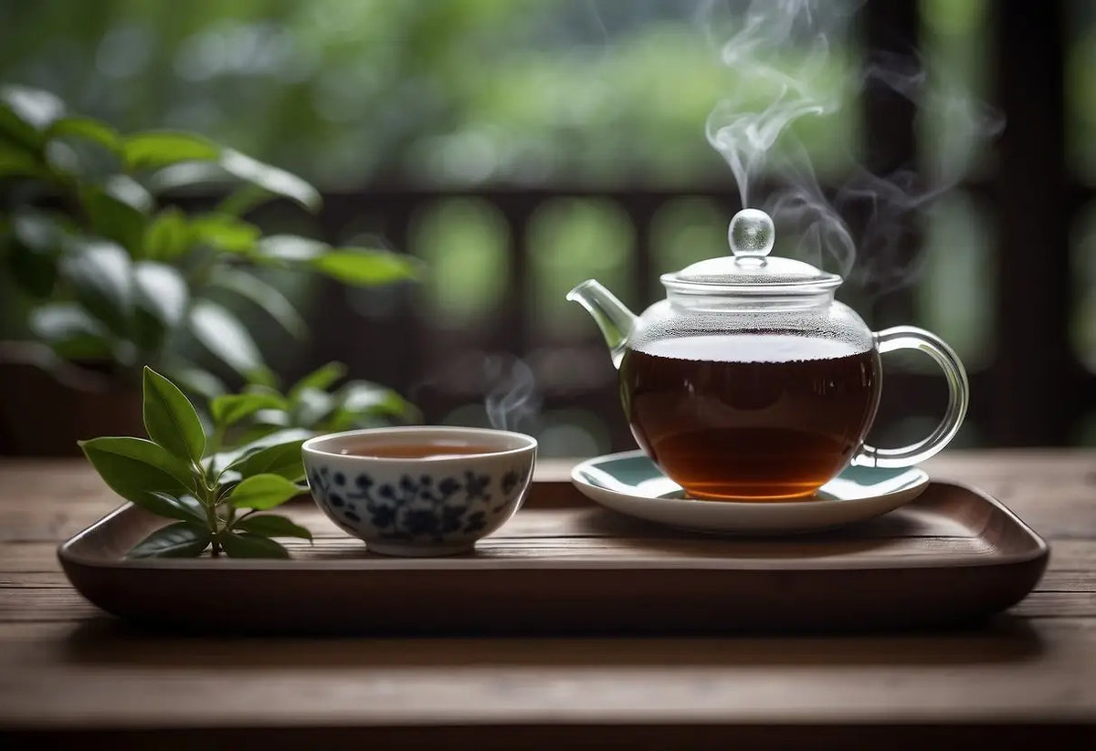 Steaming tea set on a wooden tray for Pu Erh Tea freshness and storage tips