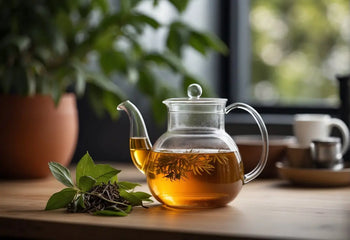 Glass teapot with herbal tea illustrating storage and freshness tips in Brewed Tea article