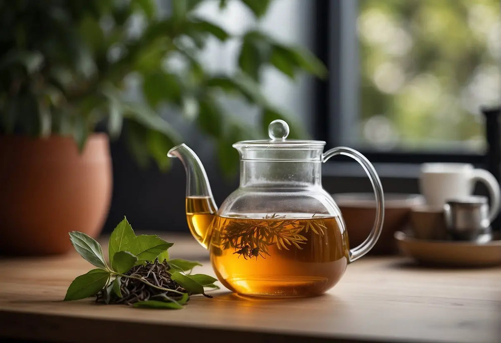 Glass teapot with herbal tea illustrating storage and freshness tips in Brewed Tea article