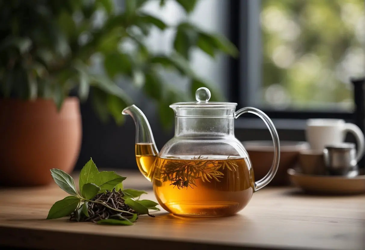 Glass teapot with herbal tea illustrating storage and freshness tips in Brewed Tea article