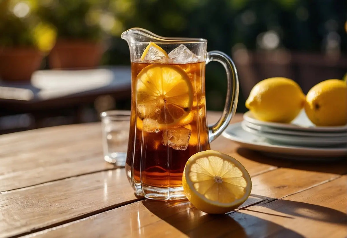 Iced tea pitcher with lemon slices for freshness in an article about iced tea shelf life