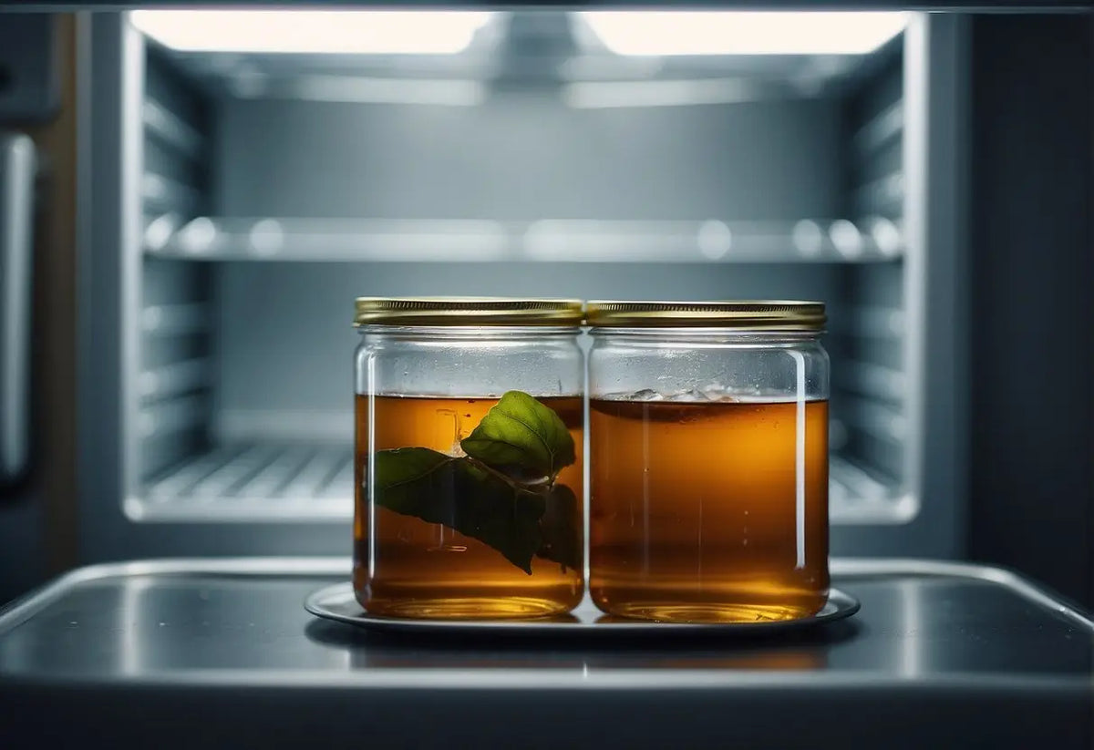 Two jars of amber tea with plant matter for storage demonstration in fridge longevity article