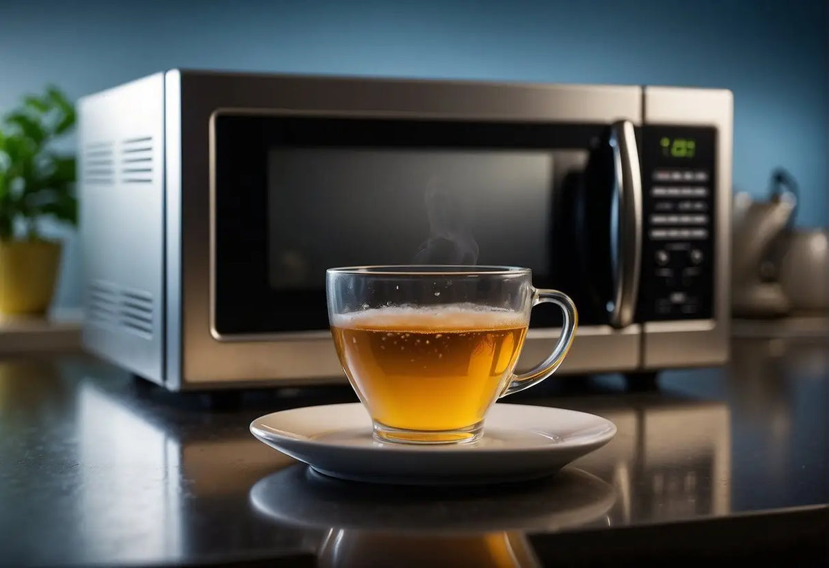 Glass teacup with saucer for brewing tea in the microwave