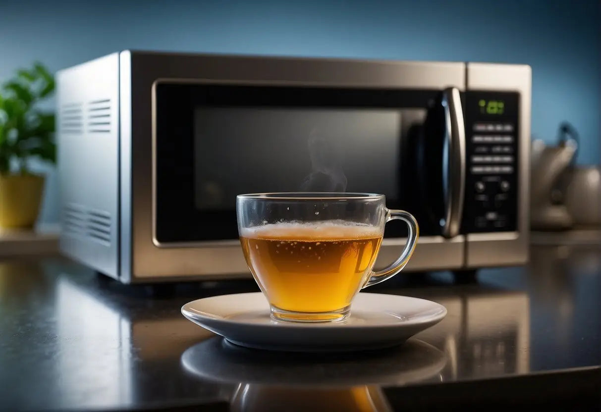 Glass teacup with saucer for brewing tea in the microwave