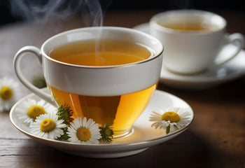 Steaming cup of Chamomile Tea in a cozy setting for steeping guidance