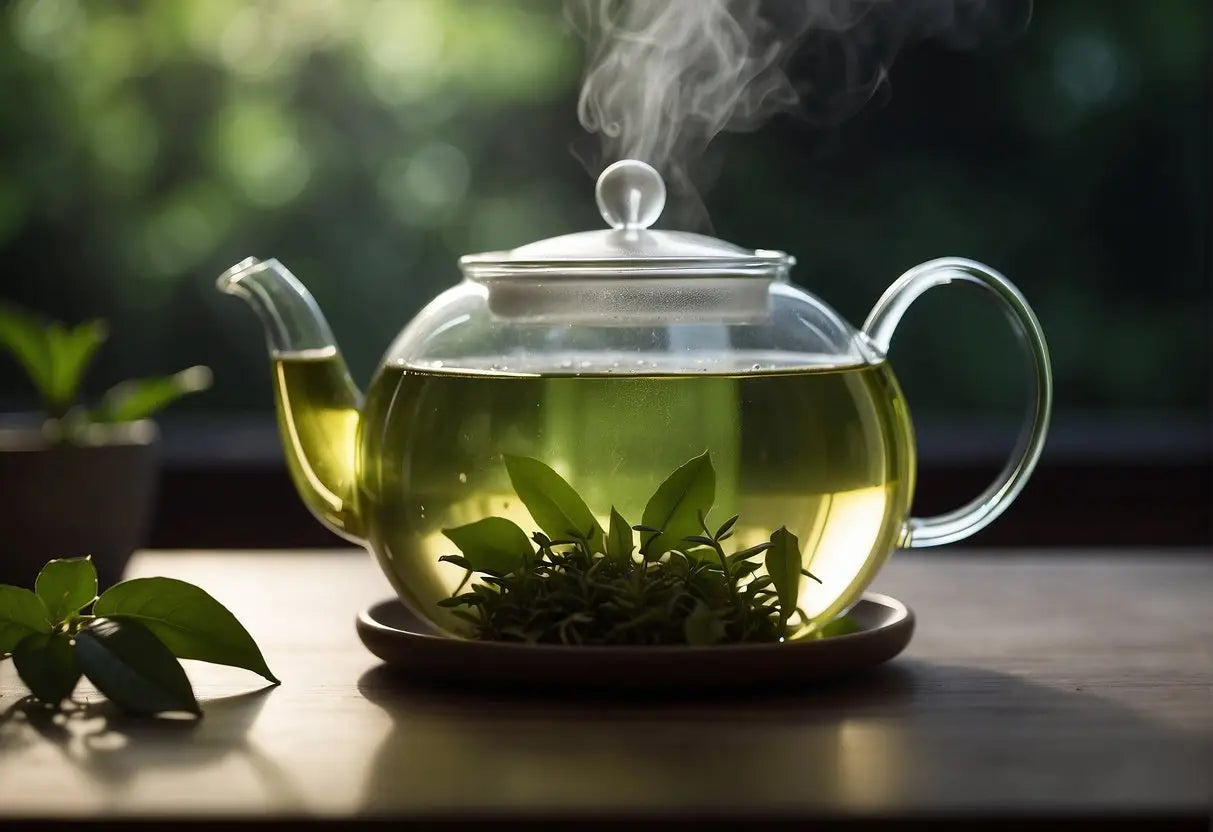 Steaming glass teapot with fresh green tea for optimal steeping tips