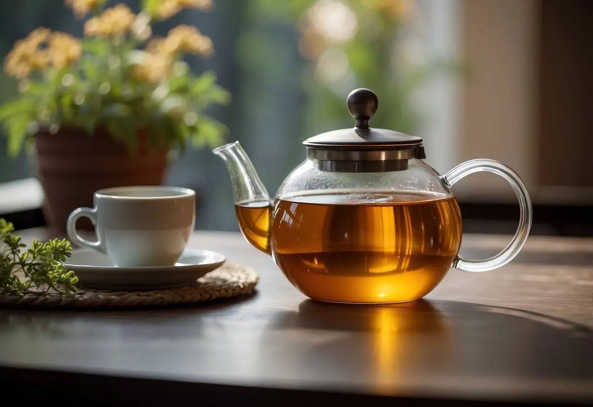 Glass teapot filled with brewed herbal tea showcasing steeping process