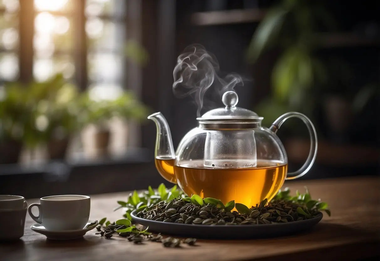 Steaming glass teapot with tea for steeping advice in How Long to Steep Tea article