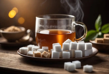 Steaming cup of tea with sugar cubes on a wooden table in a cozy setting